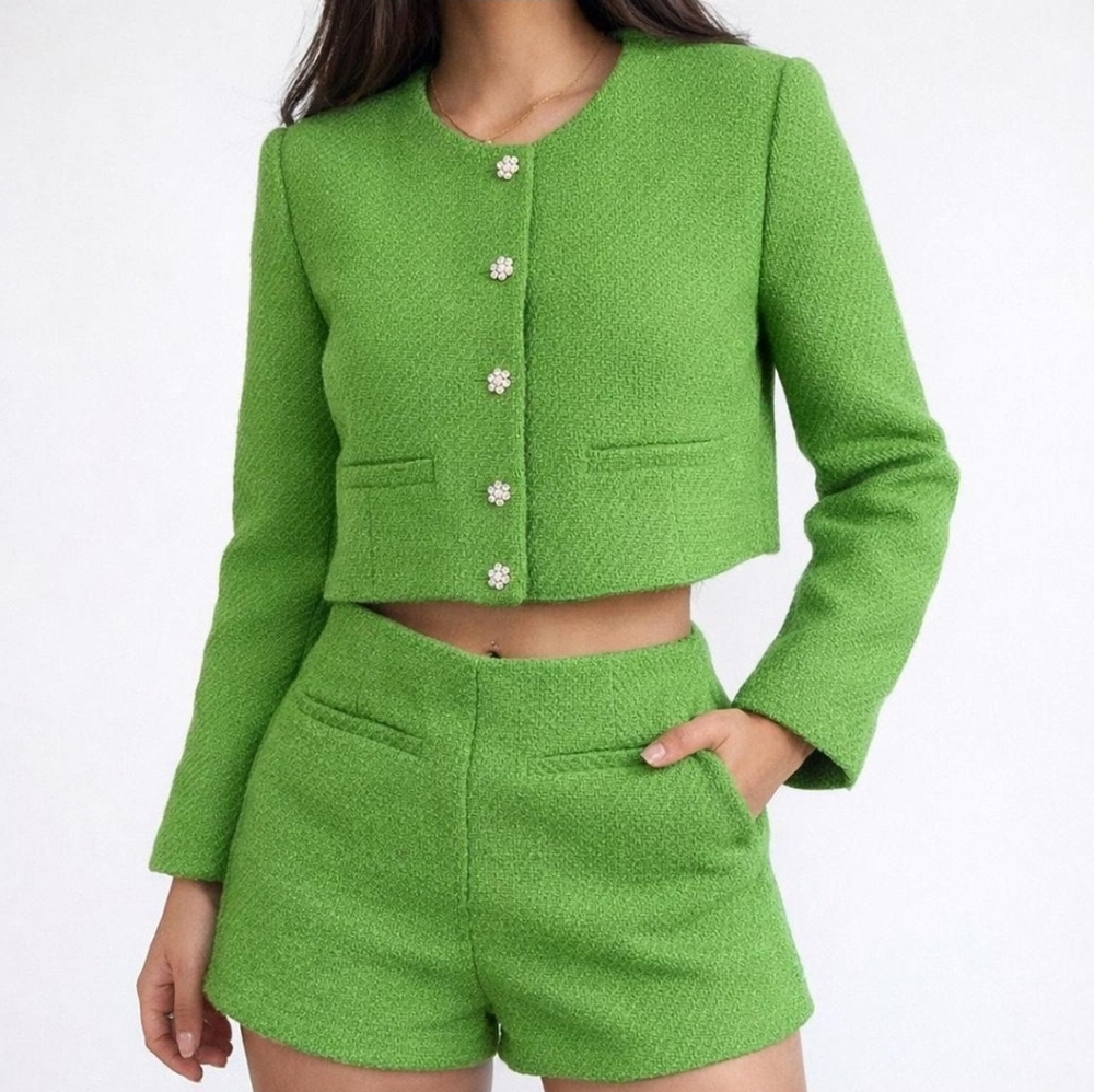 Zara Vibrant Green Textured Blazer Set with Crystal Buttons
